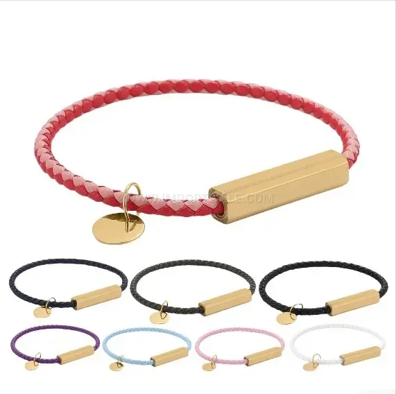 Gold-Plated Magnetic Clasp Braided Leather Tag Bracelet