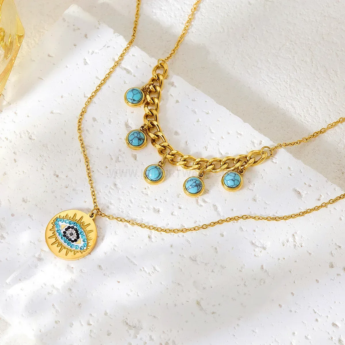 Modern Layered Stainless Steel Bohemian Evil Eye Pendant Necklace