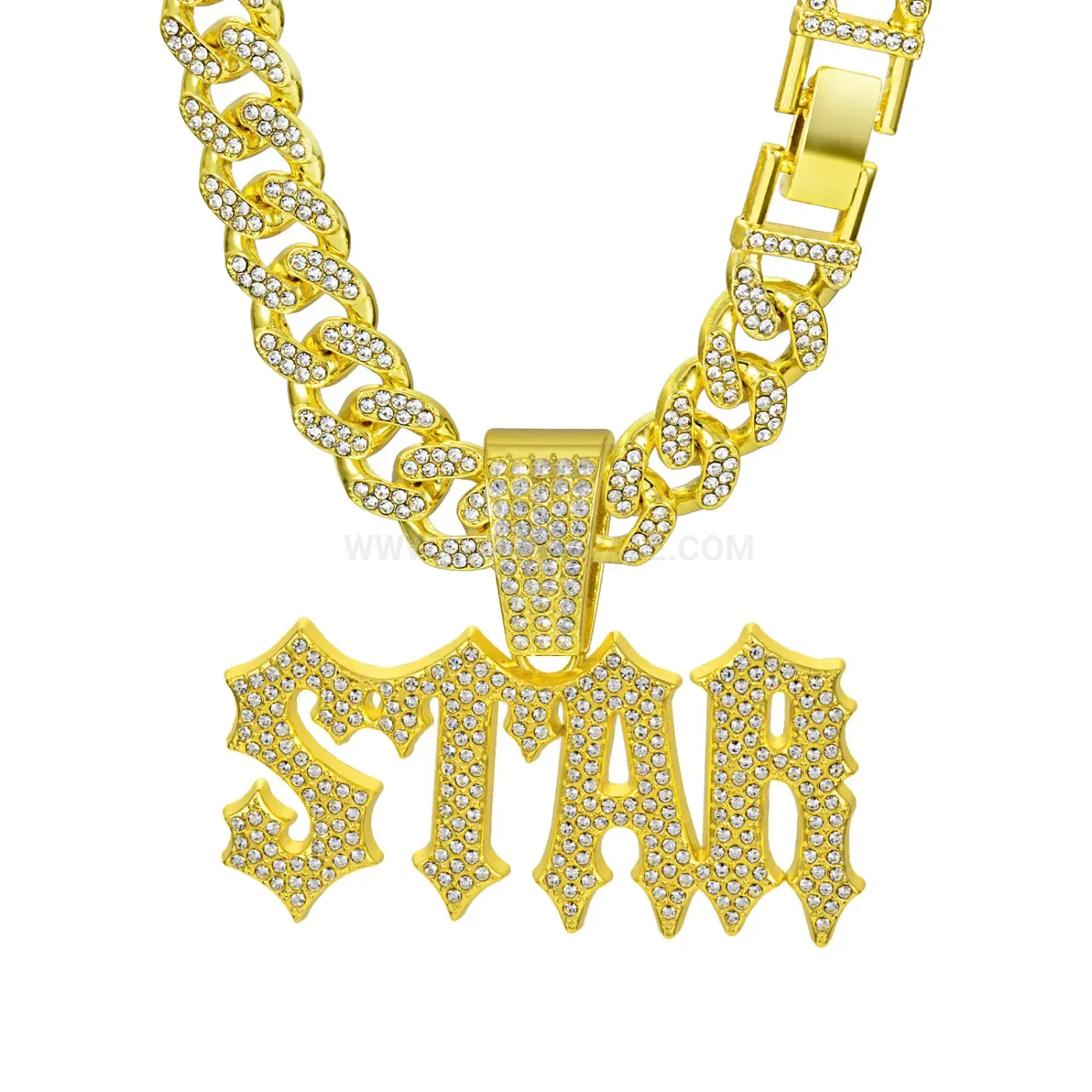 Gothic Star Letter Rhinestone Pendant Cuban Chain Necklace