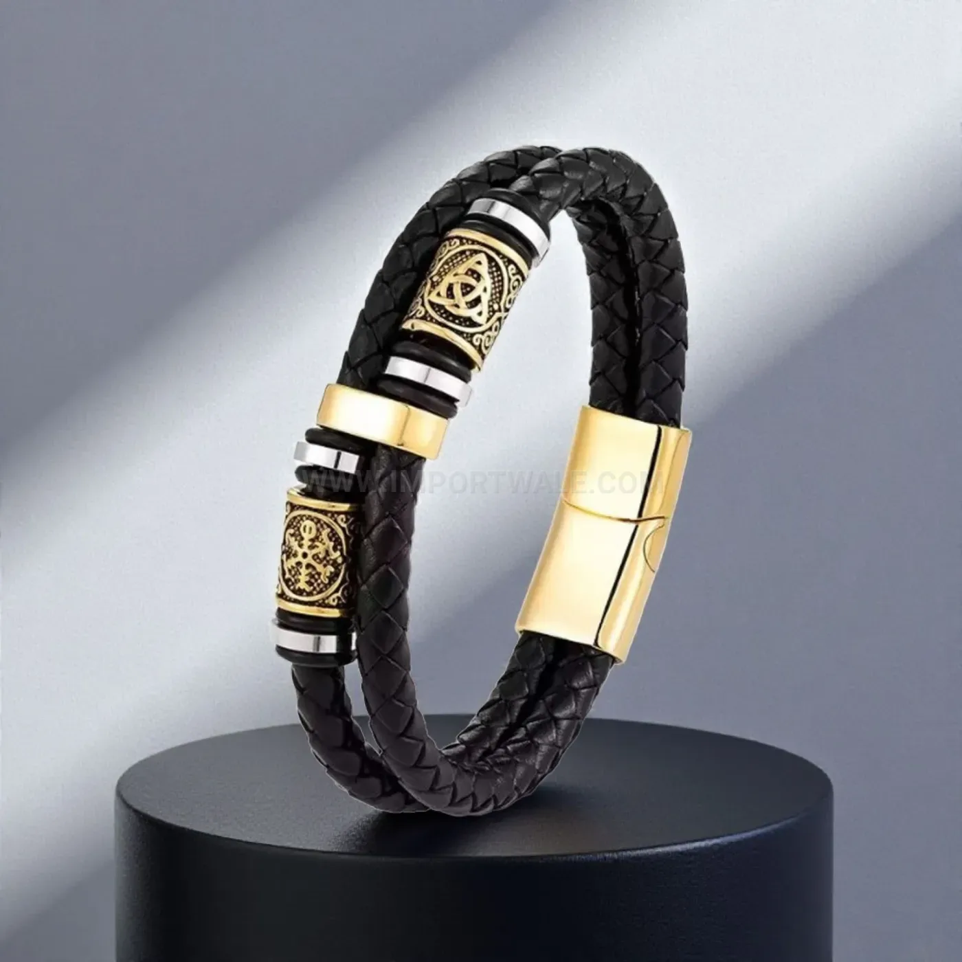 Woven Leather Wrap Stainless Steel Accent Cuff