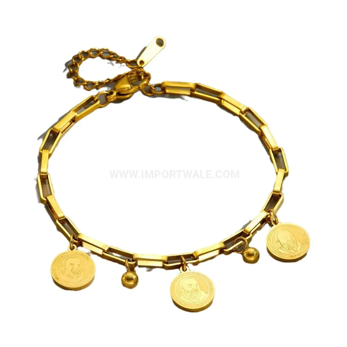 Gold Stainless Steel Portrait Tag Medallion Chain Bracelet