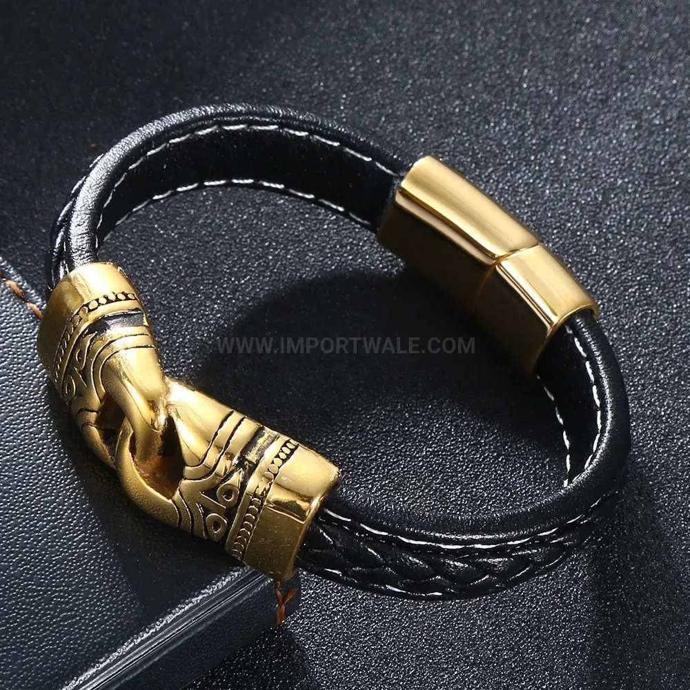 Engraved Stainless Steel and Braided Leather Cinch Bracelet
