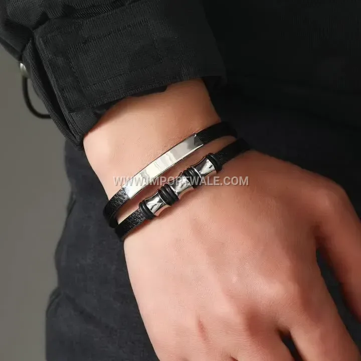 Double Layer Leather Bracelet with Steel Ring Accent