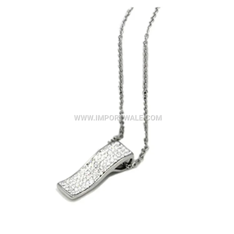 Silver Stainless Steel Rectangular Rhinestone Pendant Necklace