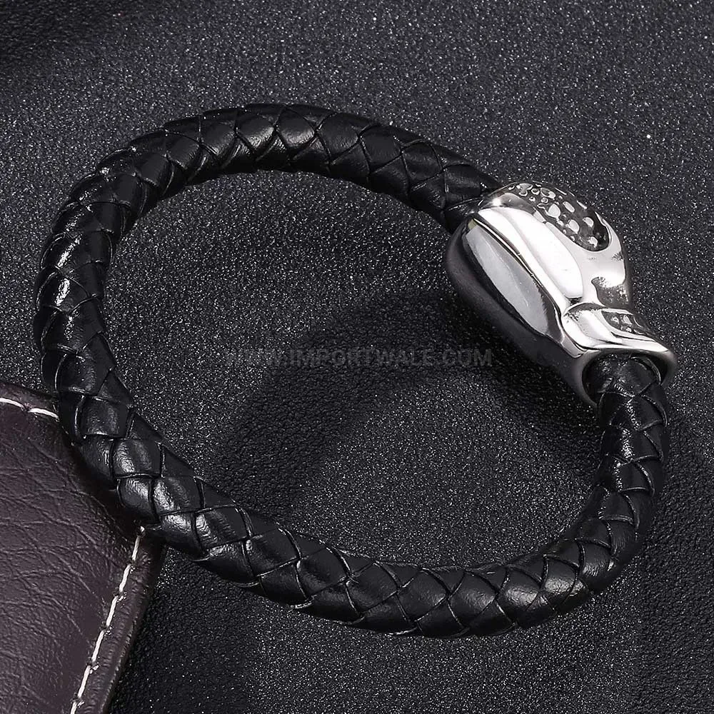 Retro Skull Stainless Steel Magnetic Leather Wristband