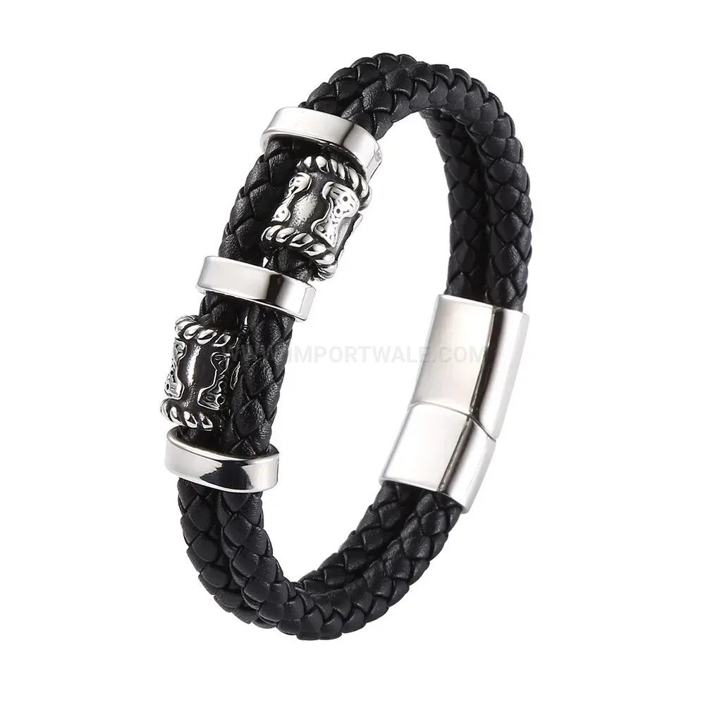 Braided Leather Stainless Steel Clasp Men Cuff Bracelet