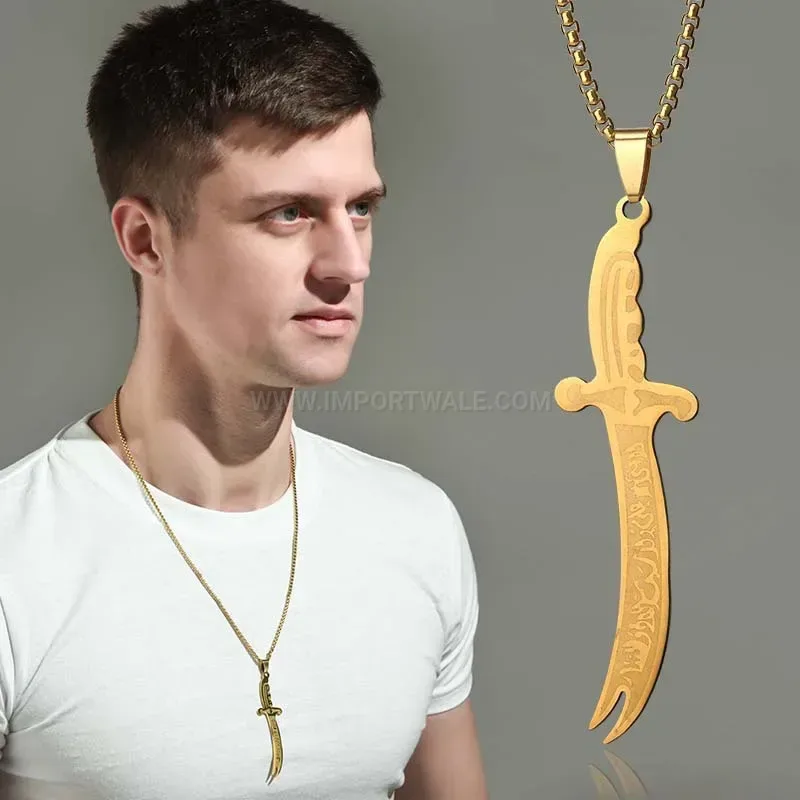 18K Gold Plated Stainless Steel Arabic Calligraphy Dagger Pendant Necklace