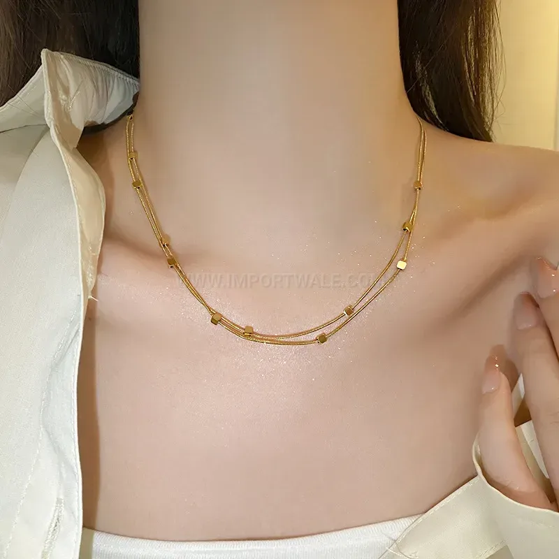 Elegant Layered Geometric Cube Titanium Steel Snake Chain Collar Necklace