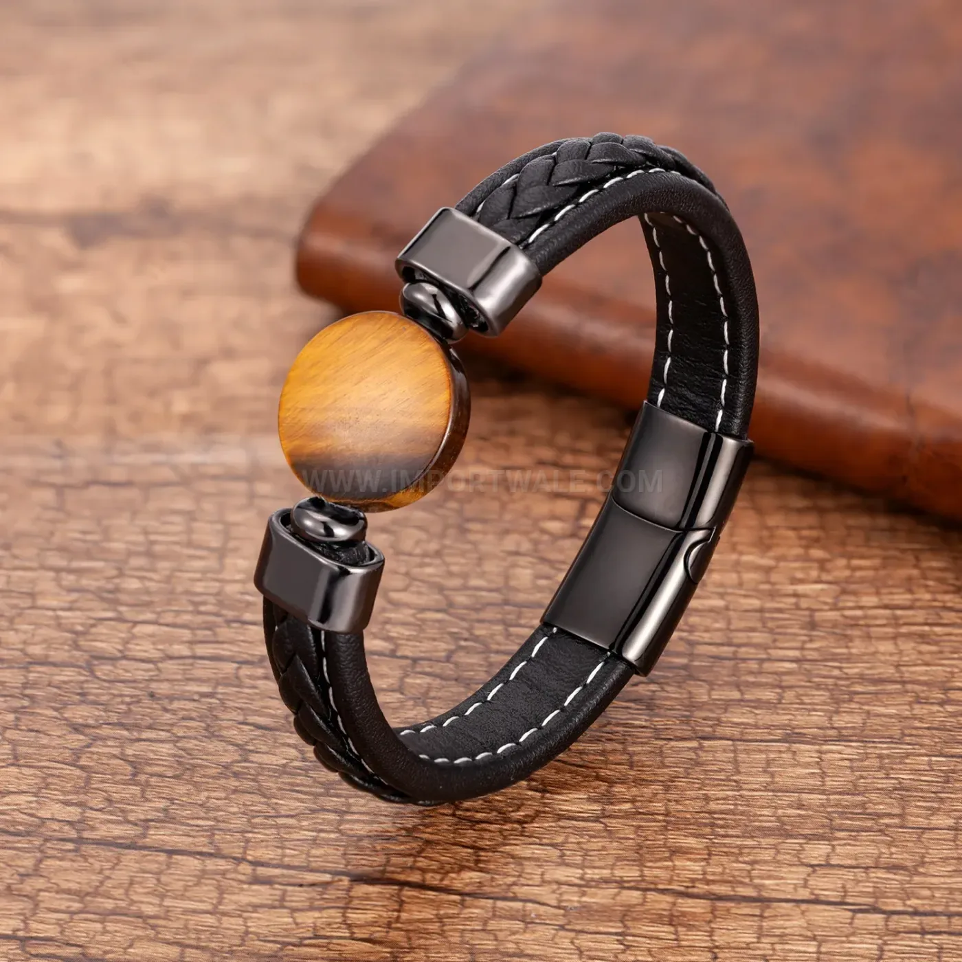 Minimalist Round Stone Woven Leather Bracelet with Stainless Steel Clasp