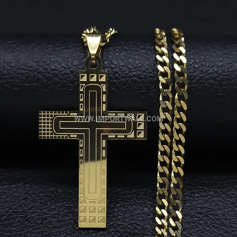 Gold Plated Stainless Steel Cross Pendant Necklace with Geometric Lines