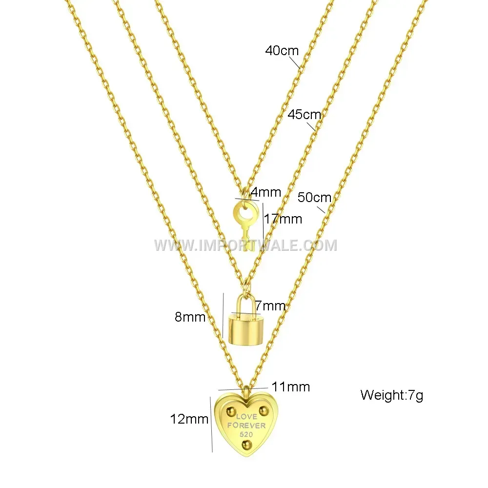 Gold Stainless Steel Layered Heart Lock Sweater Chain Necklace