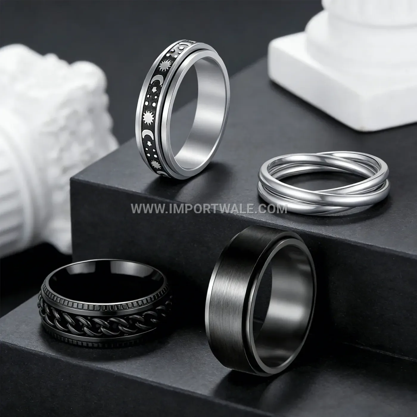 Celestial Moon and Star Spinning Stainless Steel Ring