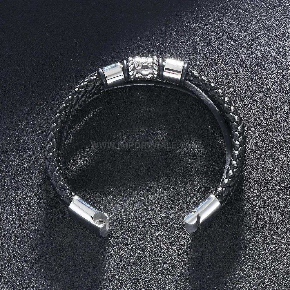 Multi Layer Woven Black Leather Bracelet with Stainless Steel Magnetic Clasp