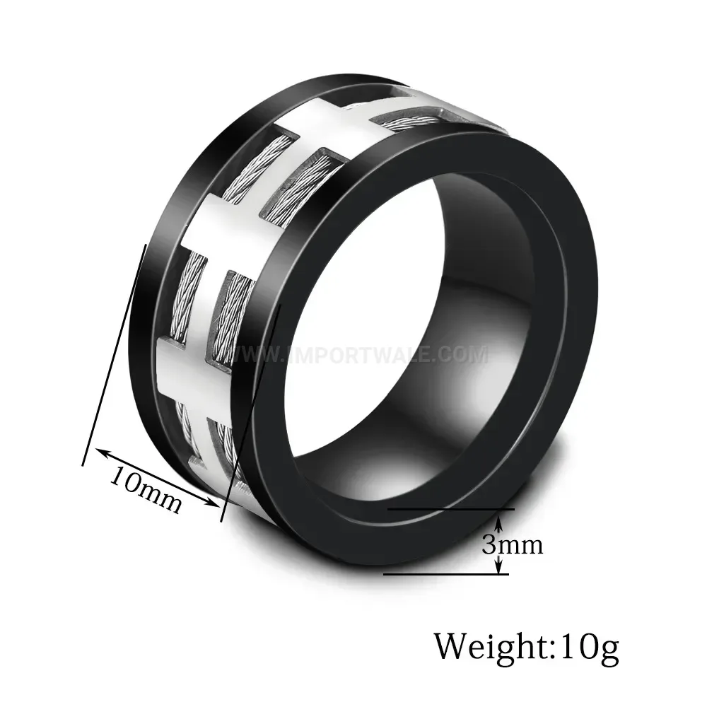 Chic Industrial 10mm Black Wire Cable Inlay Stainless Steel Ring