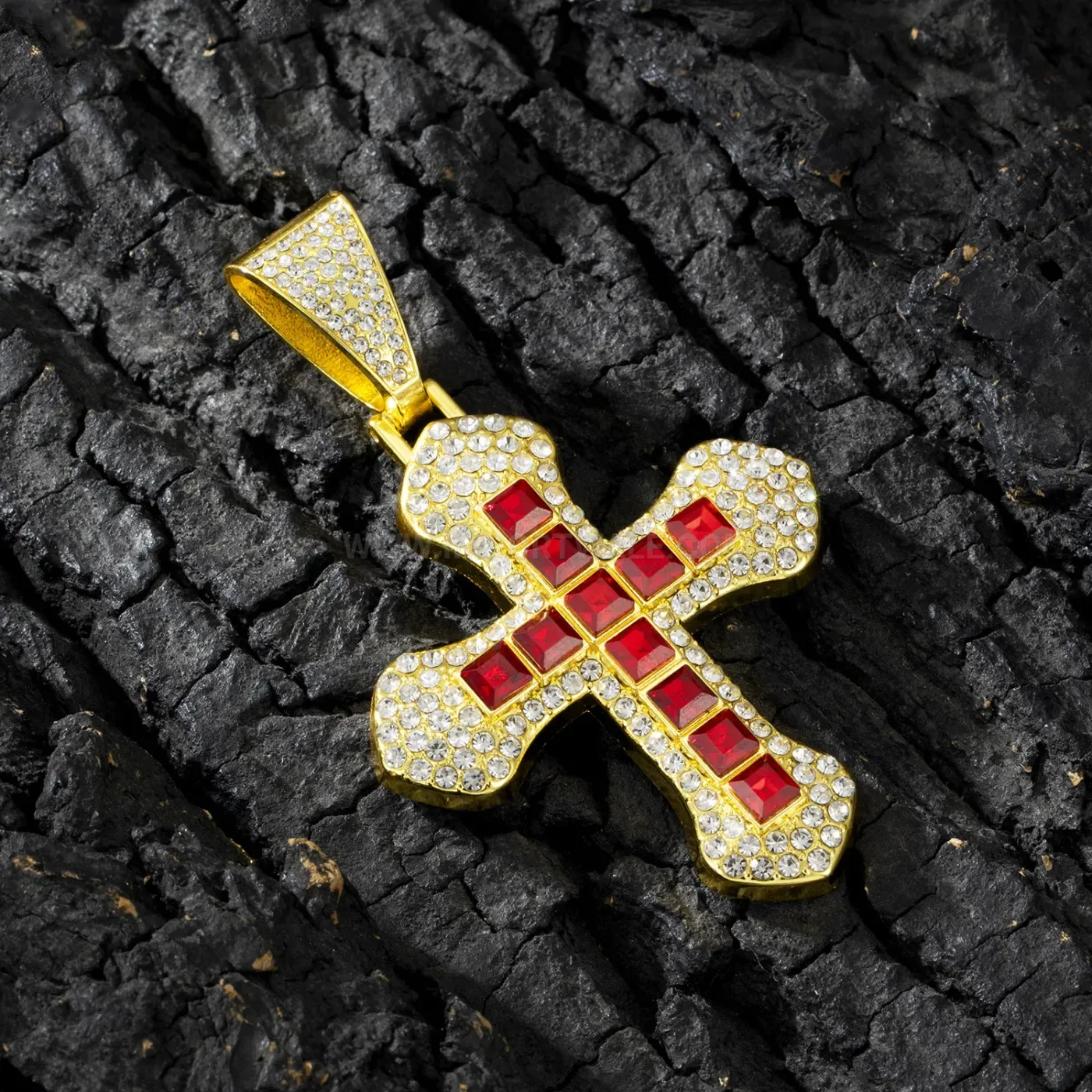 Three Dimensional Colored Square Gem Cross Hip Hop Pendant Necklace