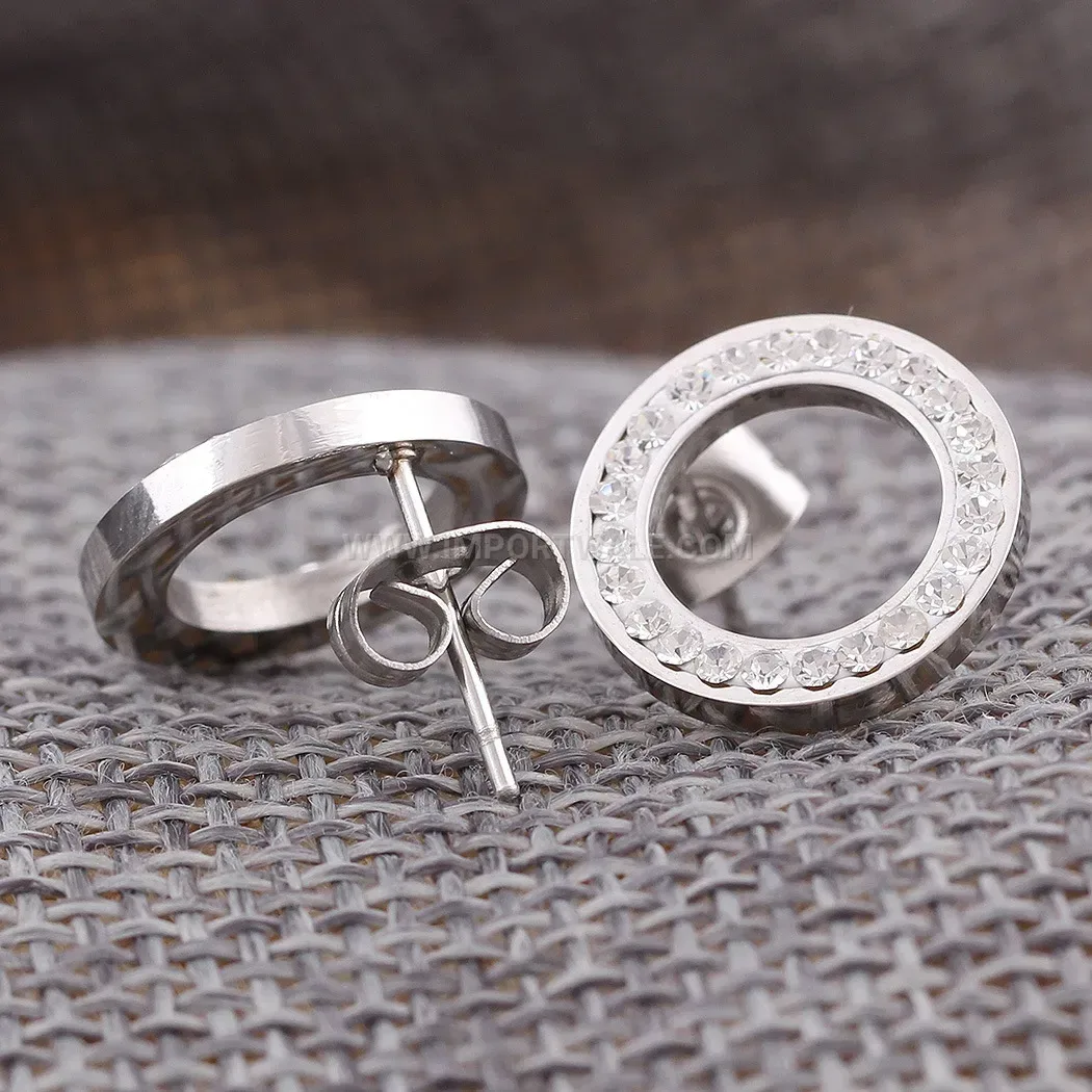 Hollow Round Stainless Steel Crystal Stud Earrings