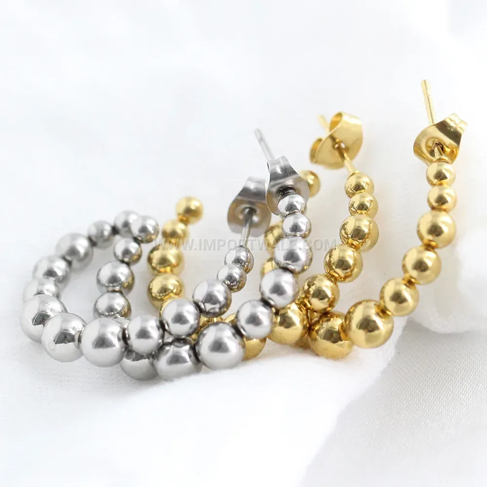 Graduating Bead C-Shape Stainless Steel Hoop Earrings