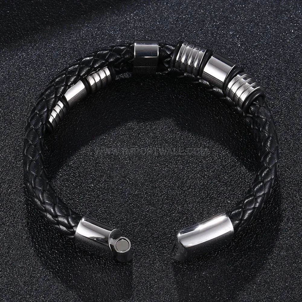 Dual Layer Braided Leather Stainless Steel Men Wristband