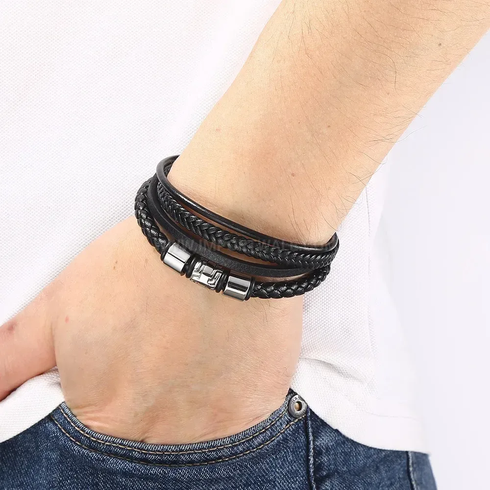 Multi-Strand Woven Black Leather Bracelet with Stainless Steel Hardware