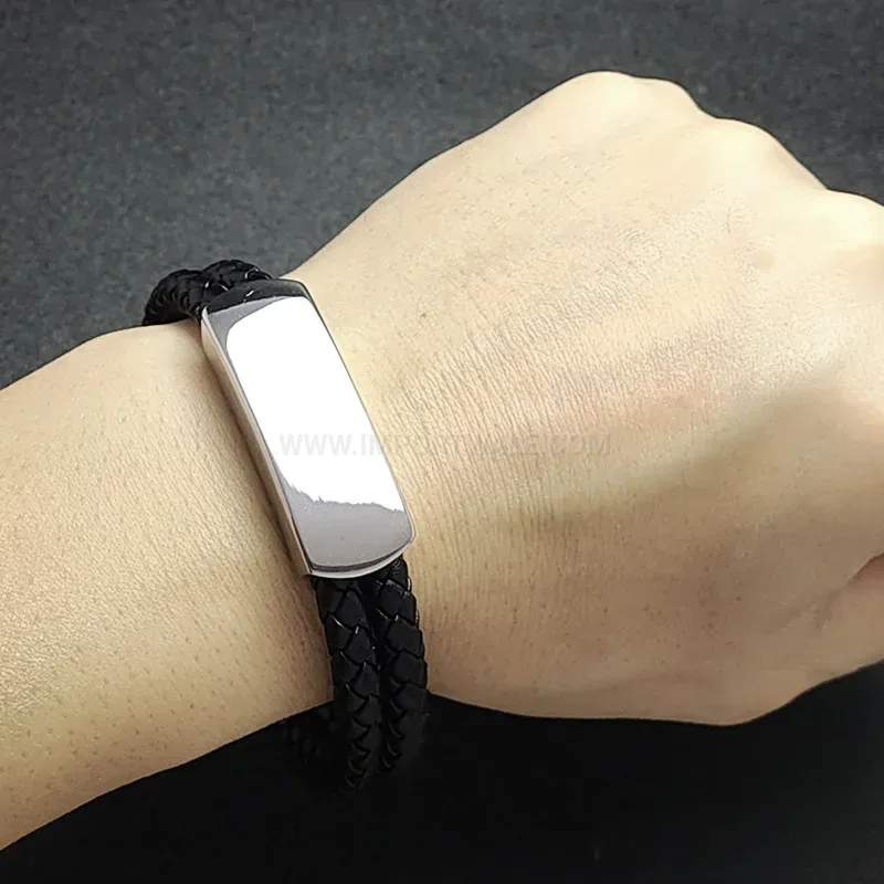 Bold Sleek ID Plate Two-Tone Leather Men's Wristband