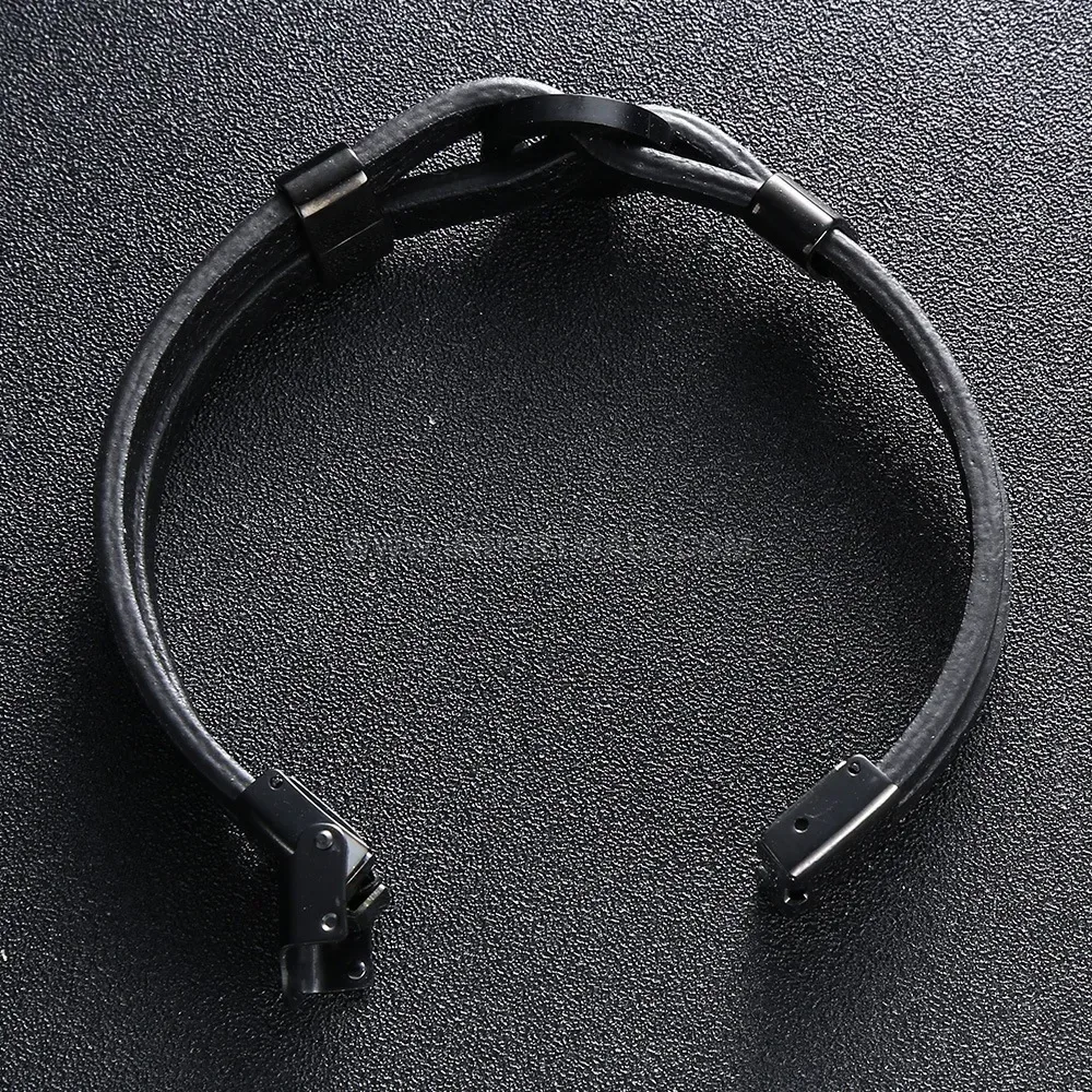 Minimalist Stainless Steel Circle Black Leather Cord Bracelet