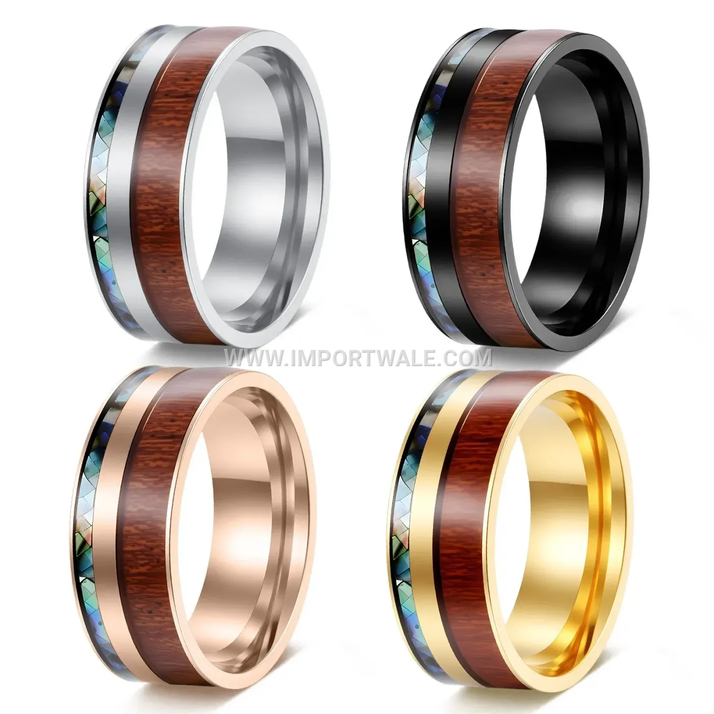 Wood Grain Abalone Shell Inlay Stainless Steel Ring
