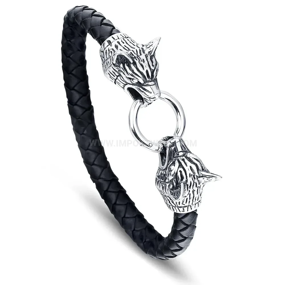 Braided Leather and Stainless Steel Double Wolf Head Bracelet