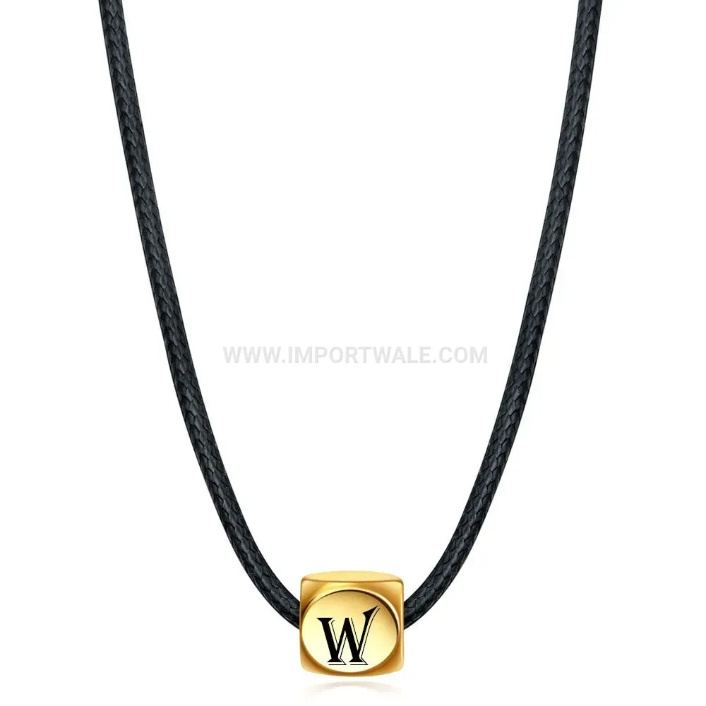 Stainless Steel Cube Initial Pendant Leather Cord Necklace