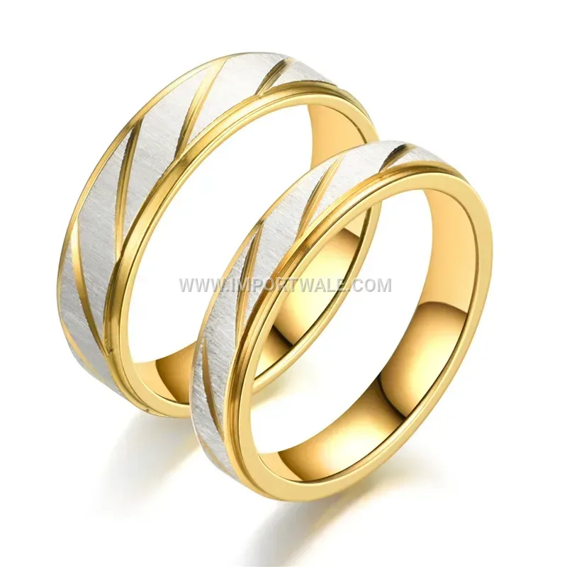 Gold-Plated Beveled Textured Stainless Steel Couple Ring