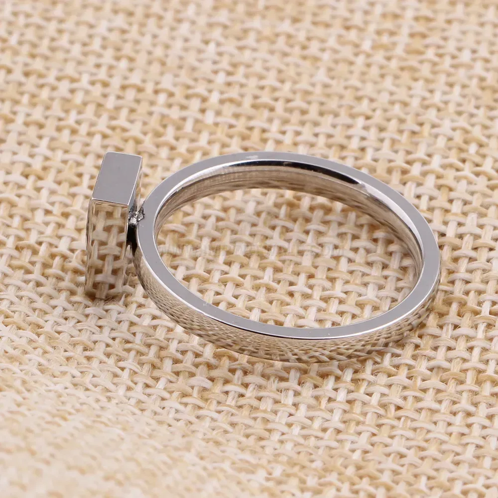 Modern Square Crystal Inset Stainless Steel Statement Ring