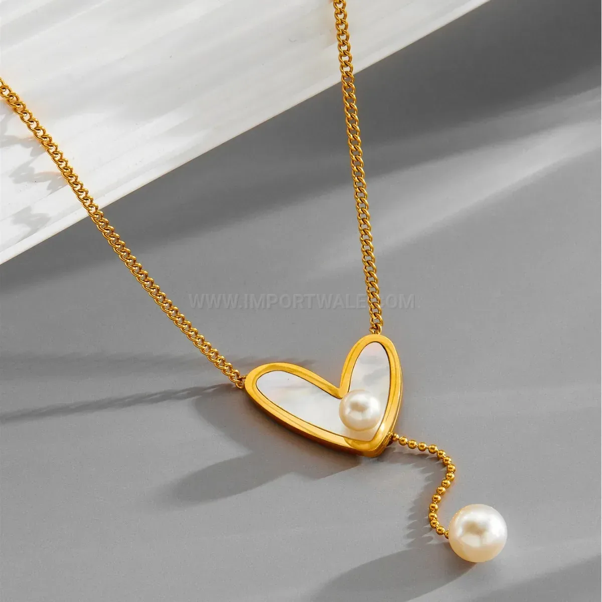Fashion Gold Titanium Steel Heart Pendant Necklace with Faux Pearl Detail