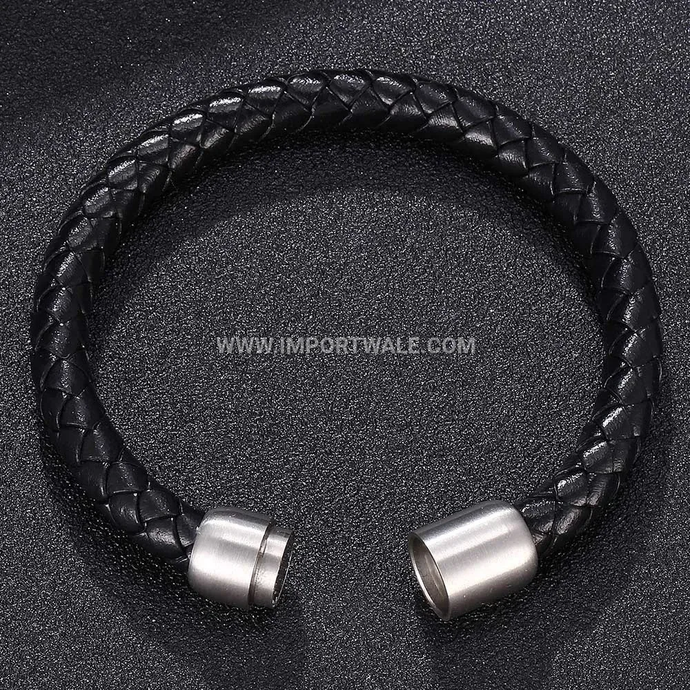 Retro Braided Leather Stainless Steel Magnetic Clasp Cuff Bracelet