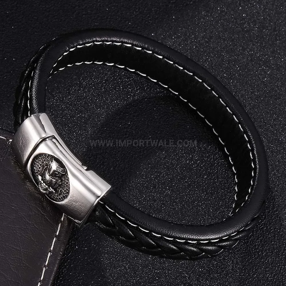 Braided Black Leather Owl Charm Bracelet with Stainless Steel Hardware