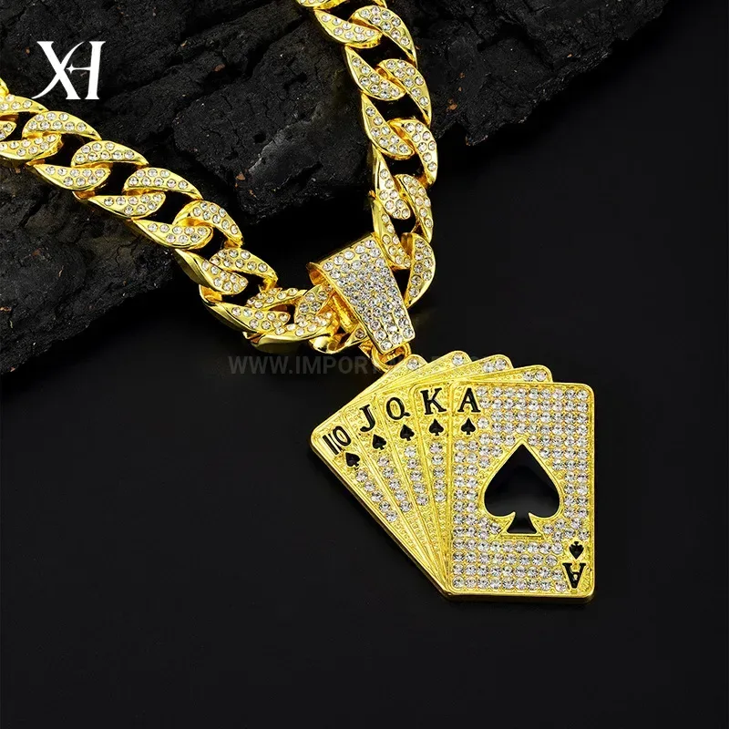 Iced Out Playing Card Pendant Necklace with Cuban Link