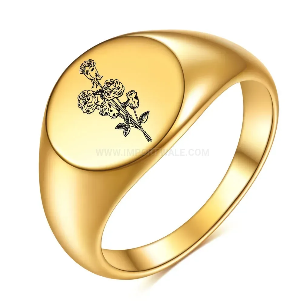 Classic Engraved Stainless Steel Rose Flower Signet Ring