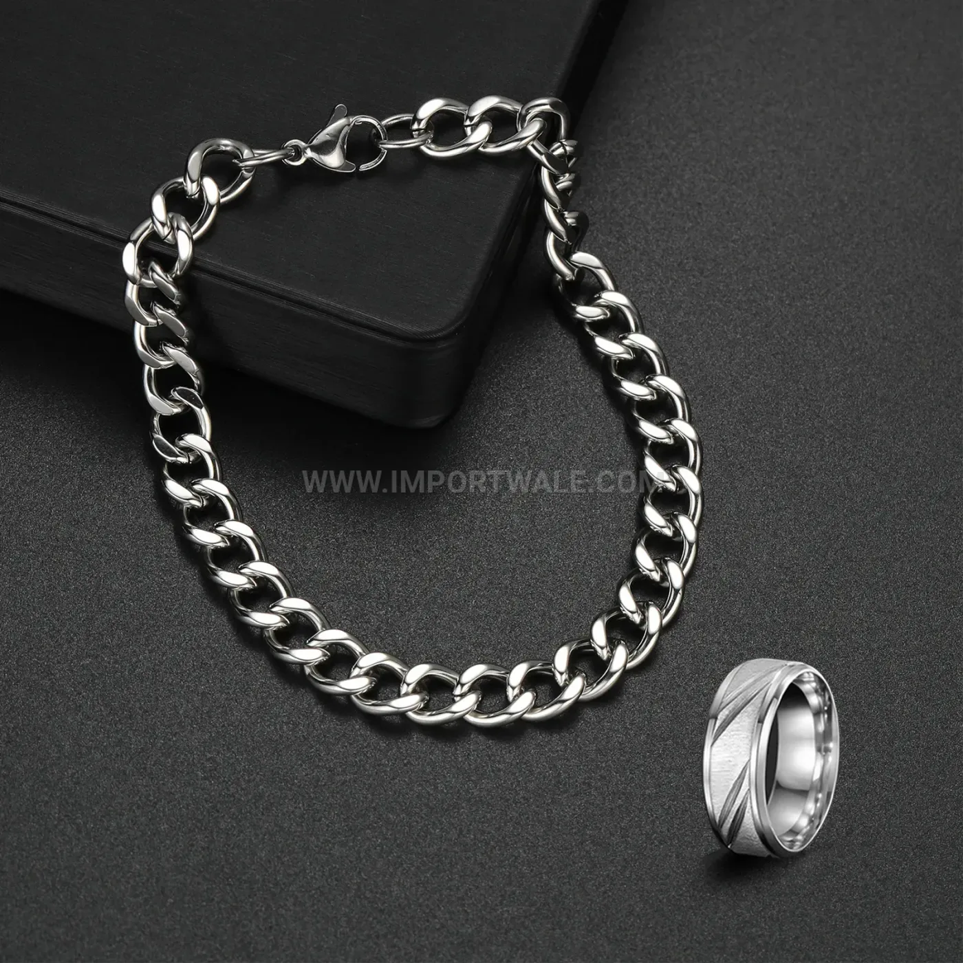 Men Stainless Steel Cuban Link Chain Bracelet and Ring Set