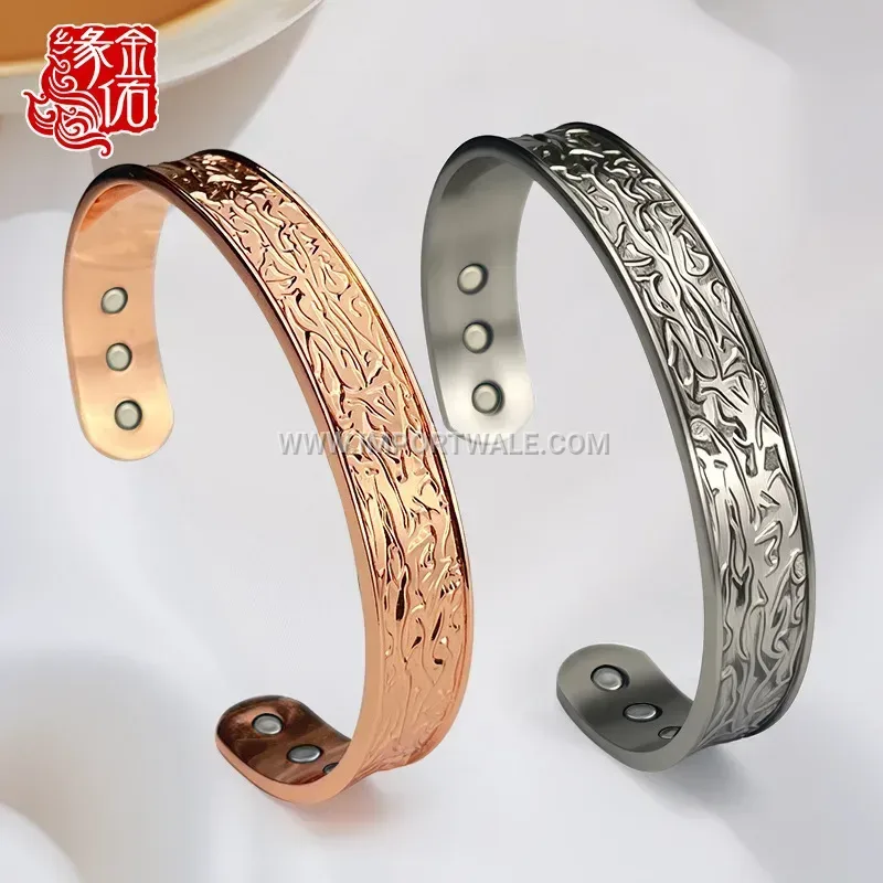 Textured Tree Bark Copper Magnetic Open Bangle Bracelet