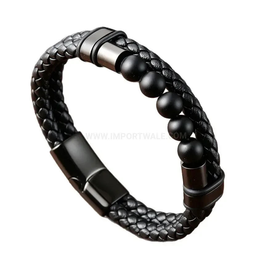Chic Multi Layer Woven Leather Bracelet with Natural Lava Stone Beads
