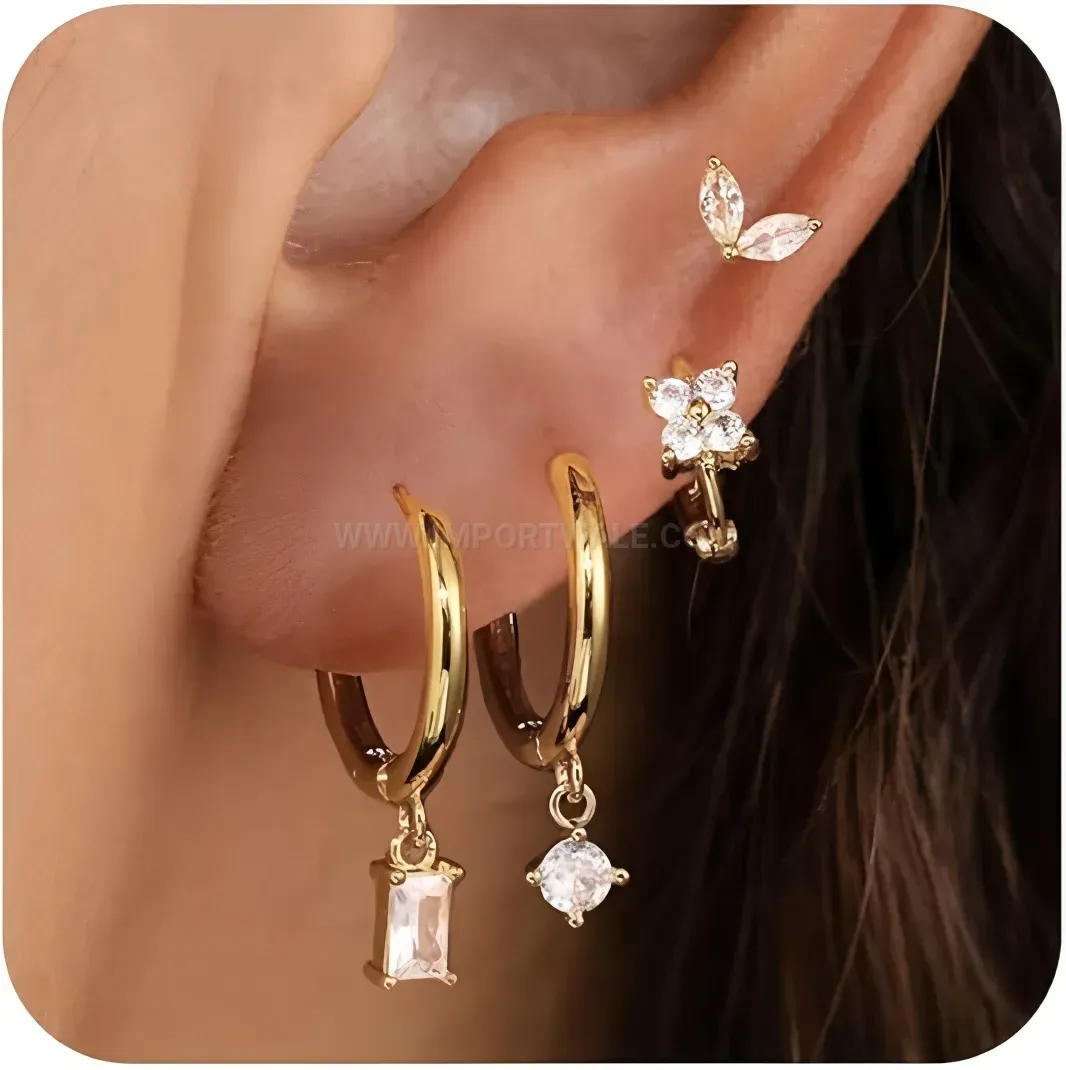 Designer Asymmetric Stainless Steel Zirconia Floral Cartilage Earring Set