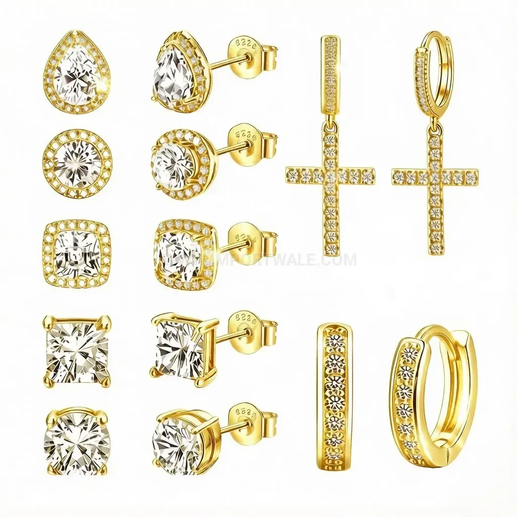 Trendy Geometric Teardrop and Cross Zircon Piercing Earring Set