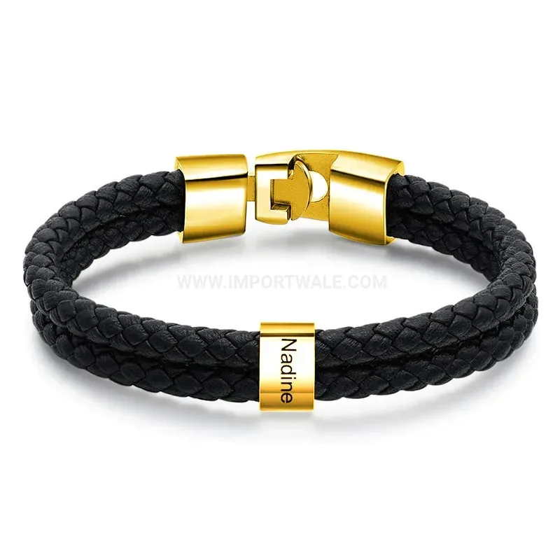 Chic Braided Leather Wristband with Custom Engraved Alloy Magnetic Clasp