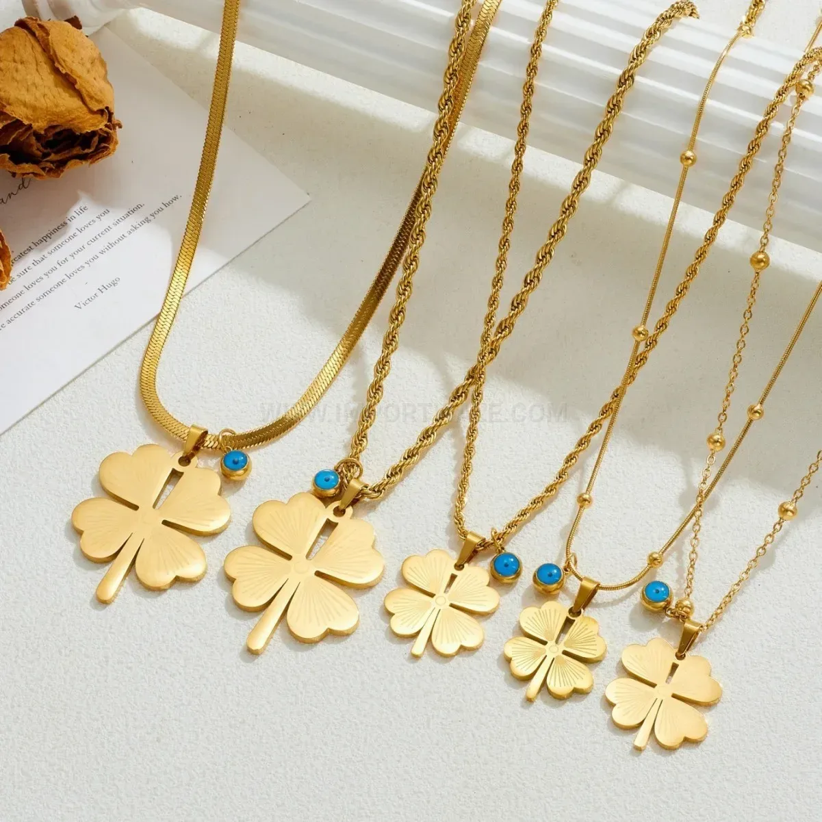Chic Engraved Stainless Steel Four-Leaf Clover Charm Pendant Necklace