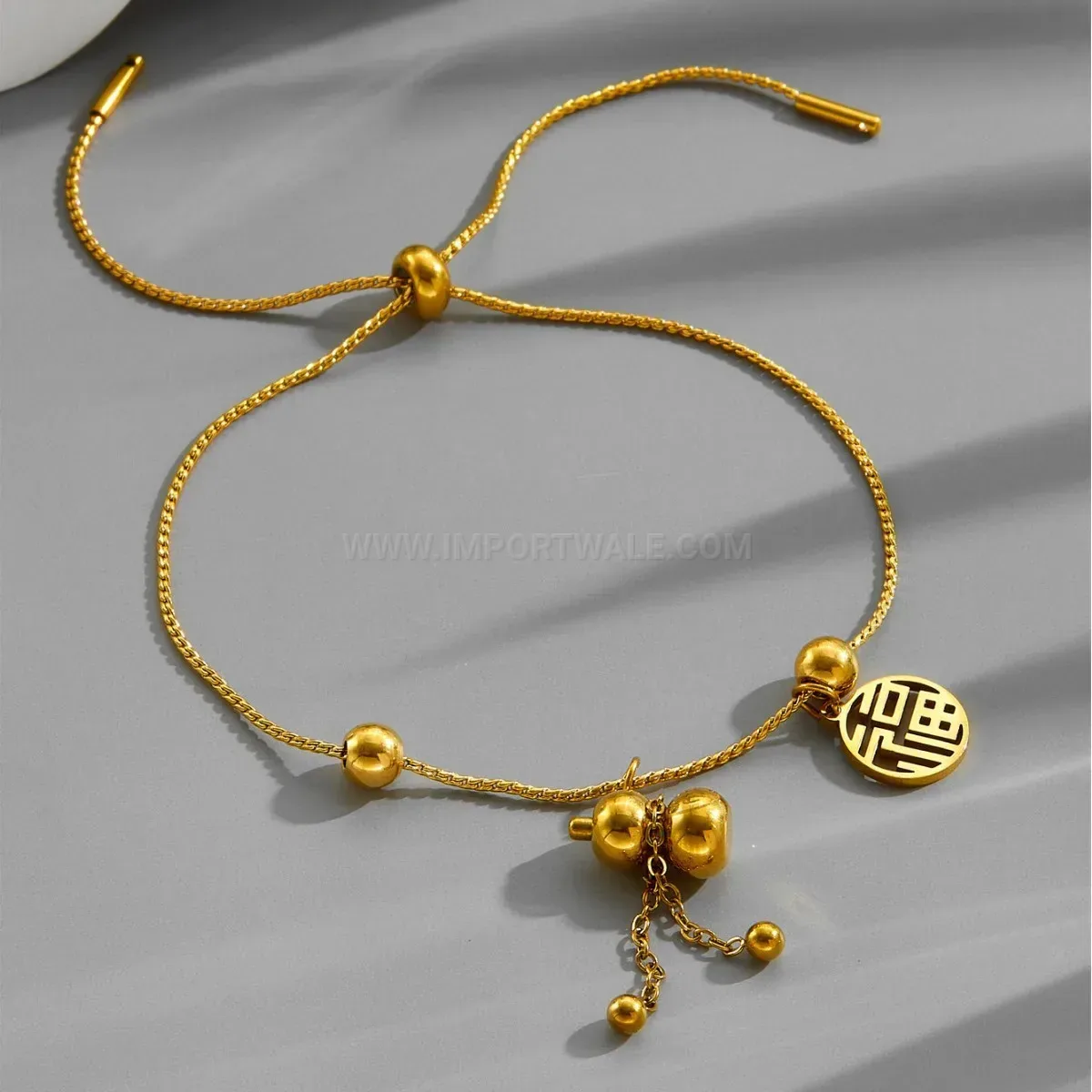 Gold Plated Stainless Steel Gourd Charm Adjustable Bracelet