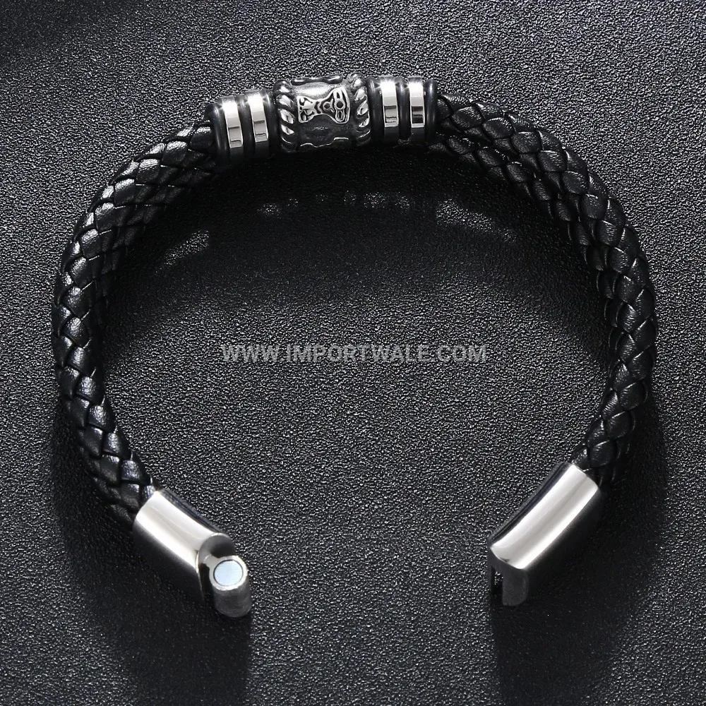 Classic Genuine Leather Cord Bracelet with Stainless Steel Magnetic Clasp