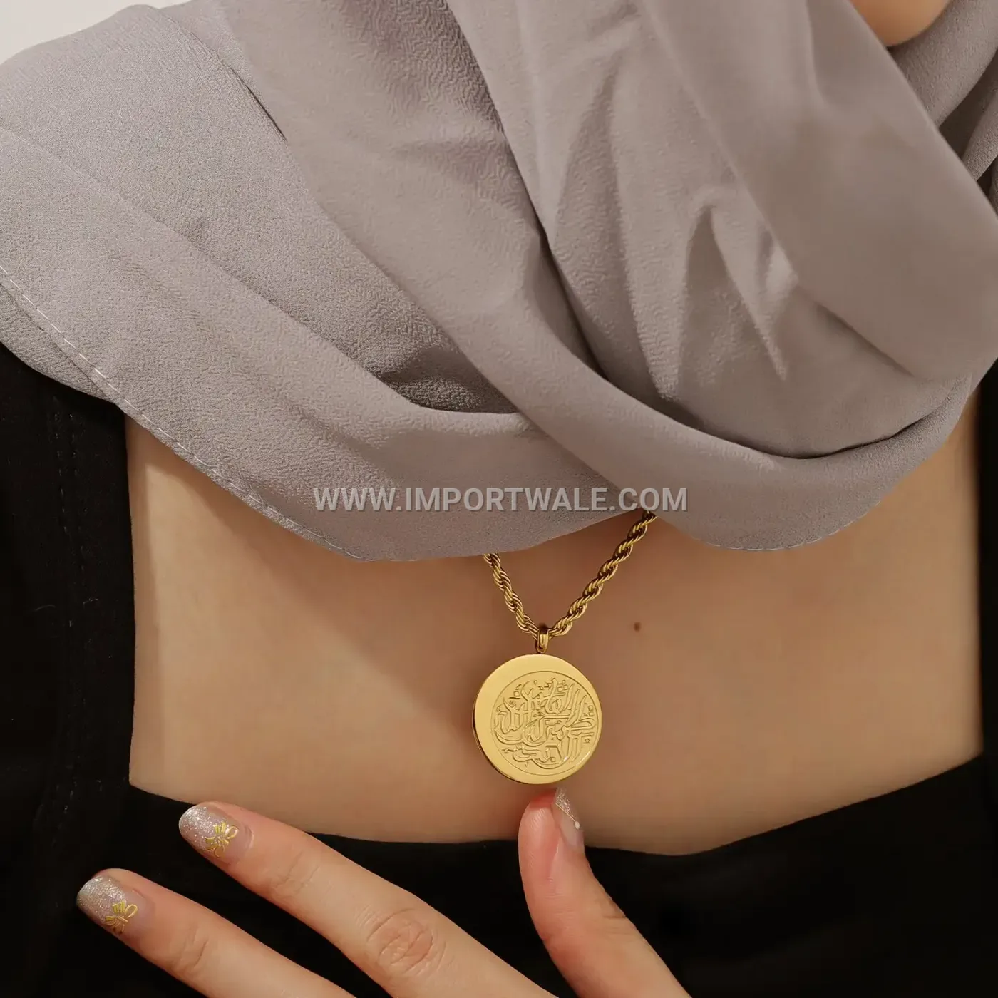 Platinum Plated Stainless Steel Arabic Script Coin Pendant Necklace