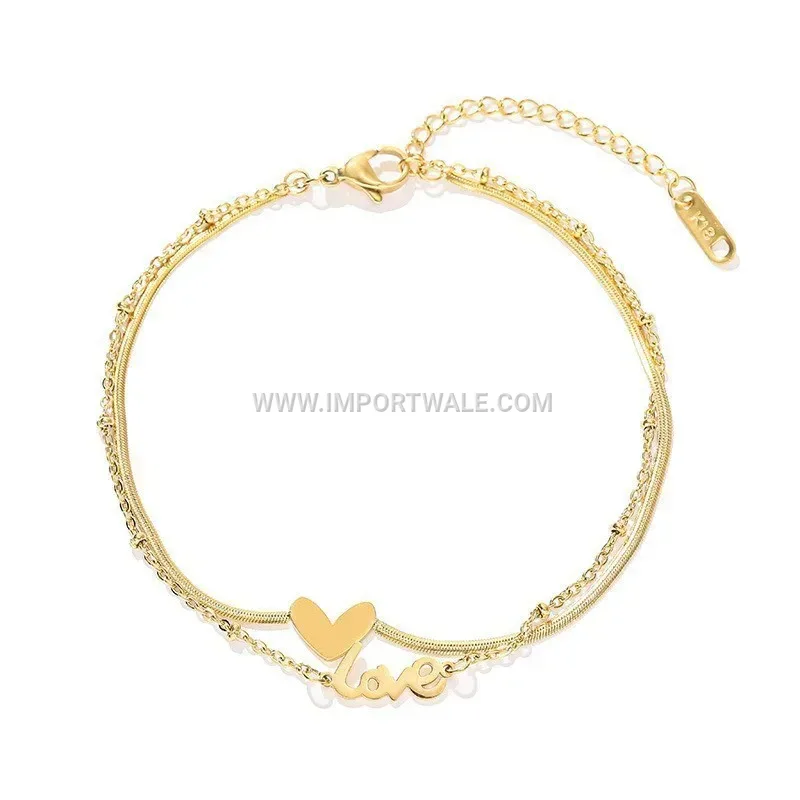 Layered Heart Letter Charm Stainless Steel Anklet