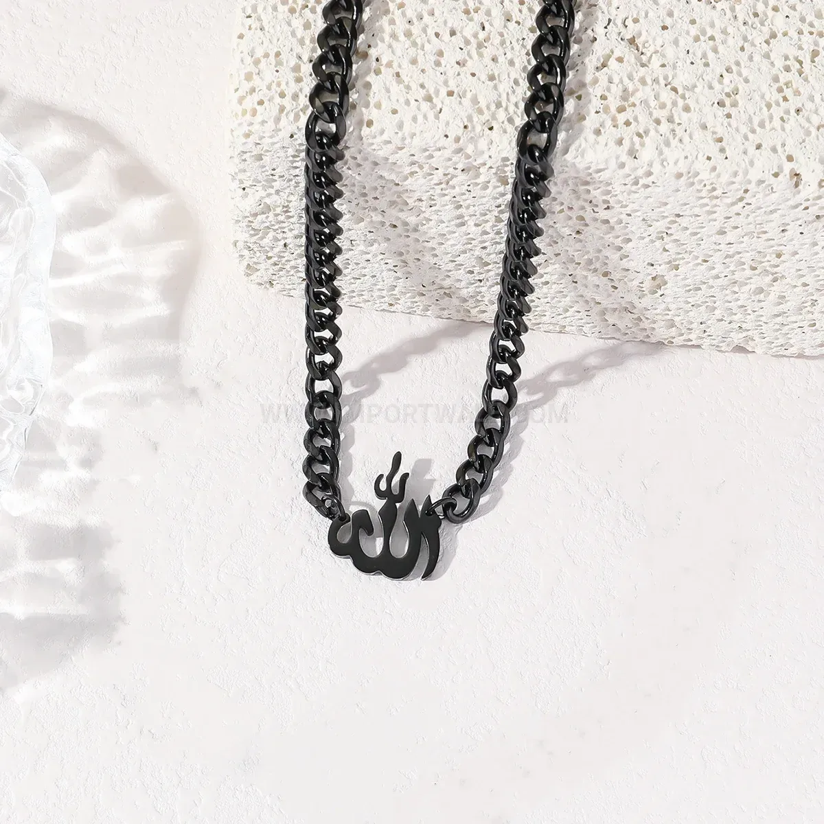 Stainless Steel Arabic Calligraphy Pendant Necklace with Bold Cuban Link Chain