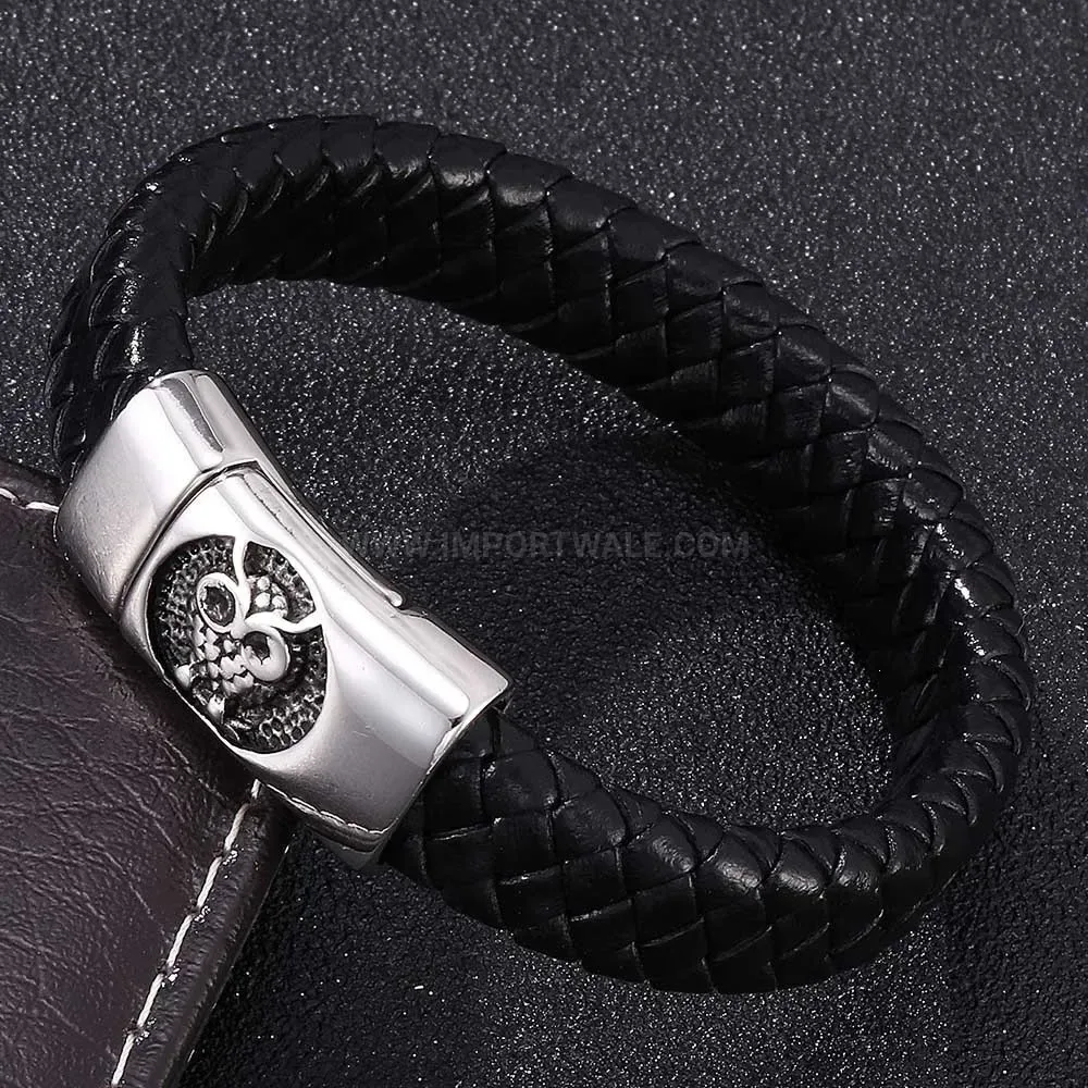 Black Leather Bracelet with Stainless Steel Owl Magnetic Clasp