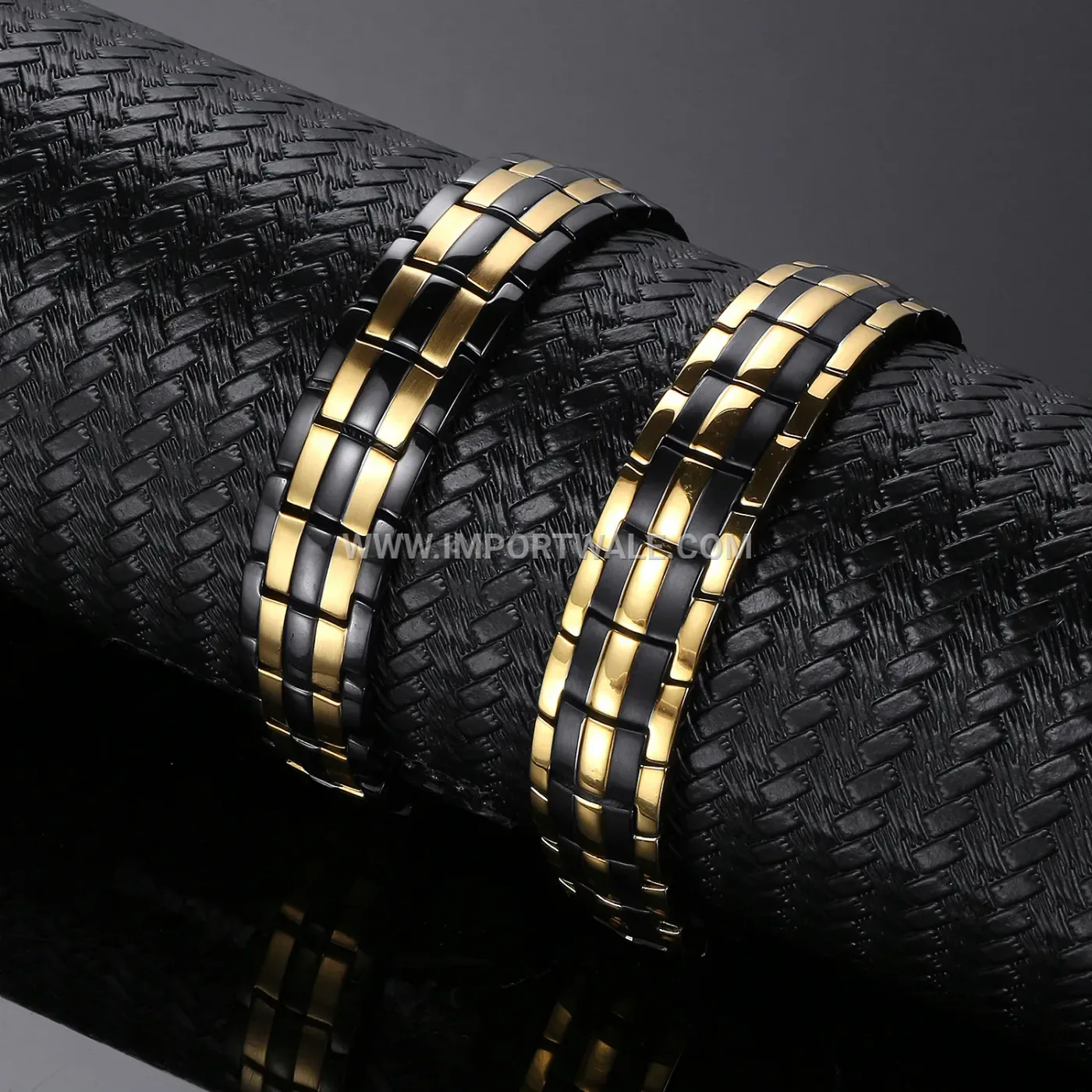 Men's Double Row Black and Gold Magnetic Stainless Steel Bracelet