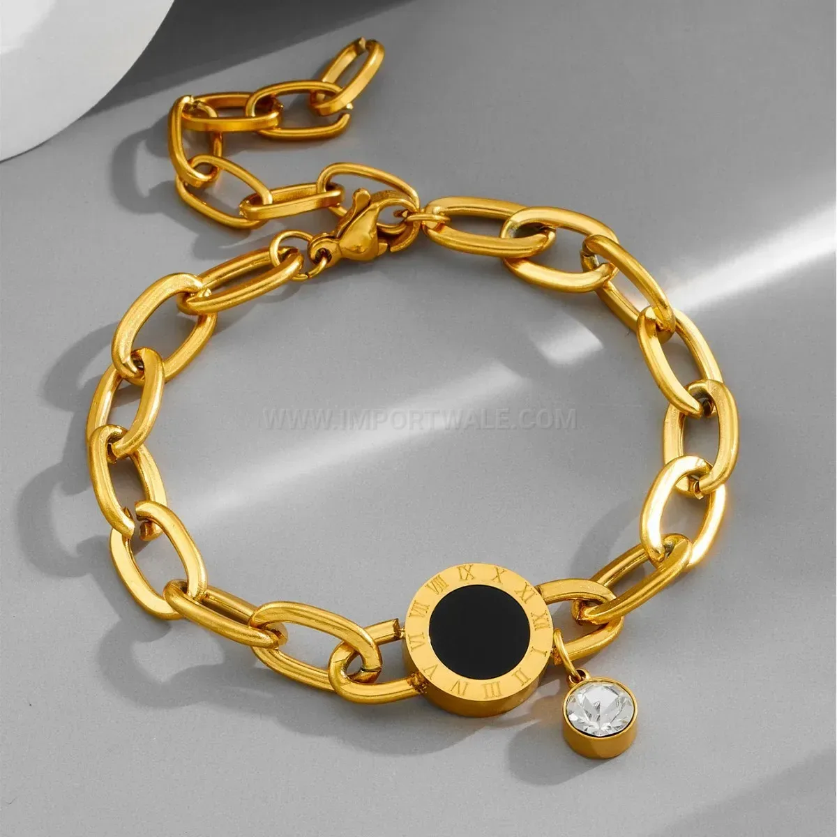 Designer Titanium Steel Four Leaf Clover Roman Numeral Charm Bracelet
